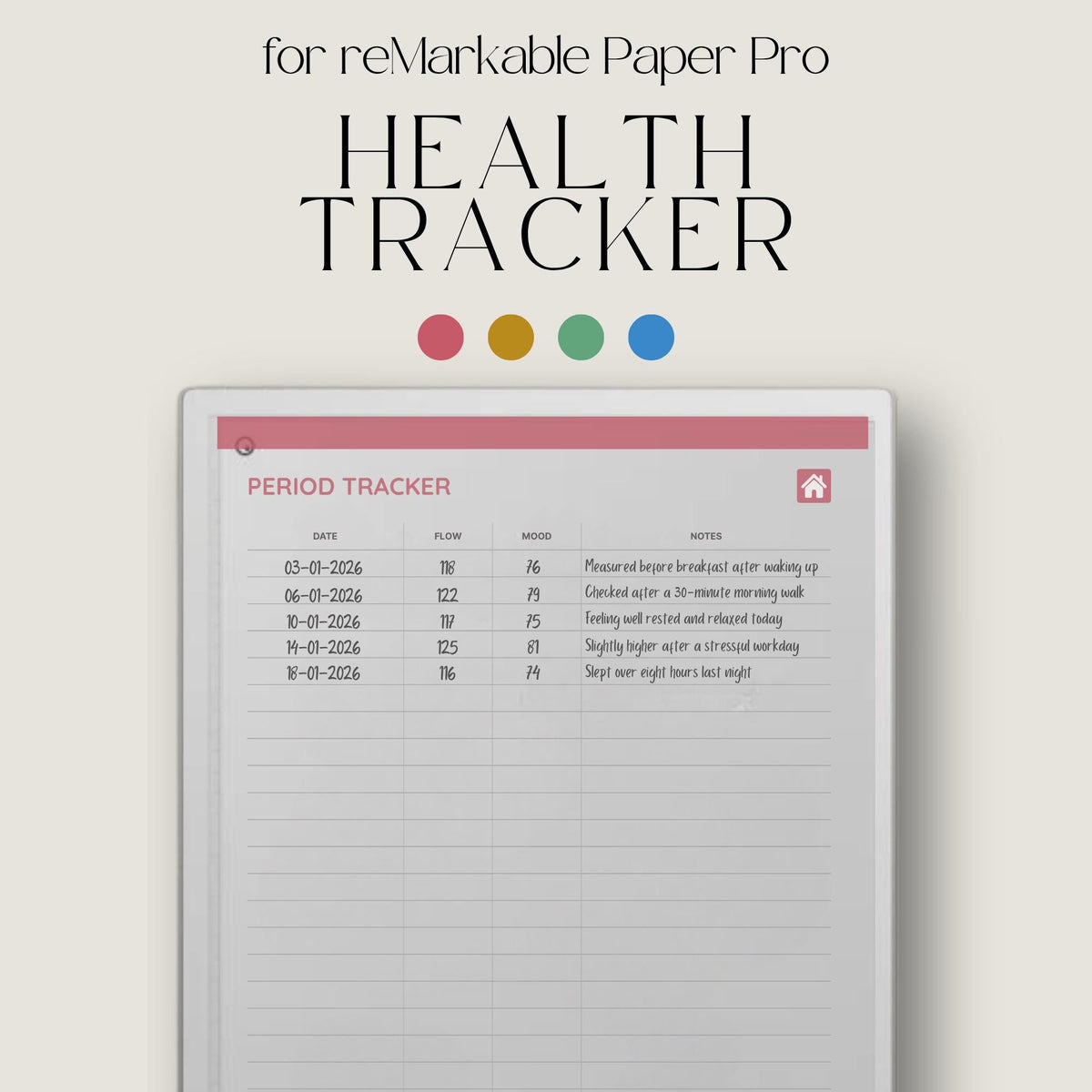 Health Tracker for reMarkable Paper Pro featuring blue, red, green, and mustard color themes with hyperlinked sleep, hydration, blood pressure, blood sugar, mood, symptom, medication, and period tracking pages.