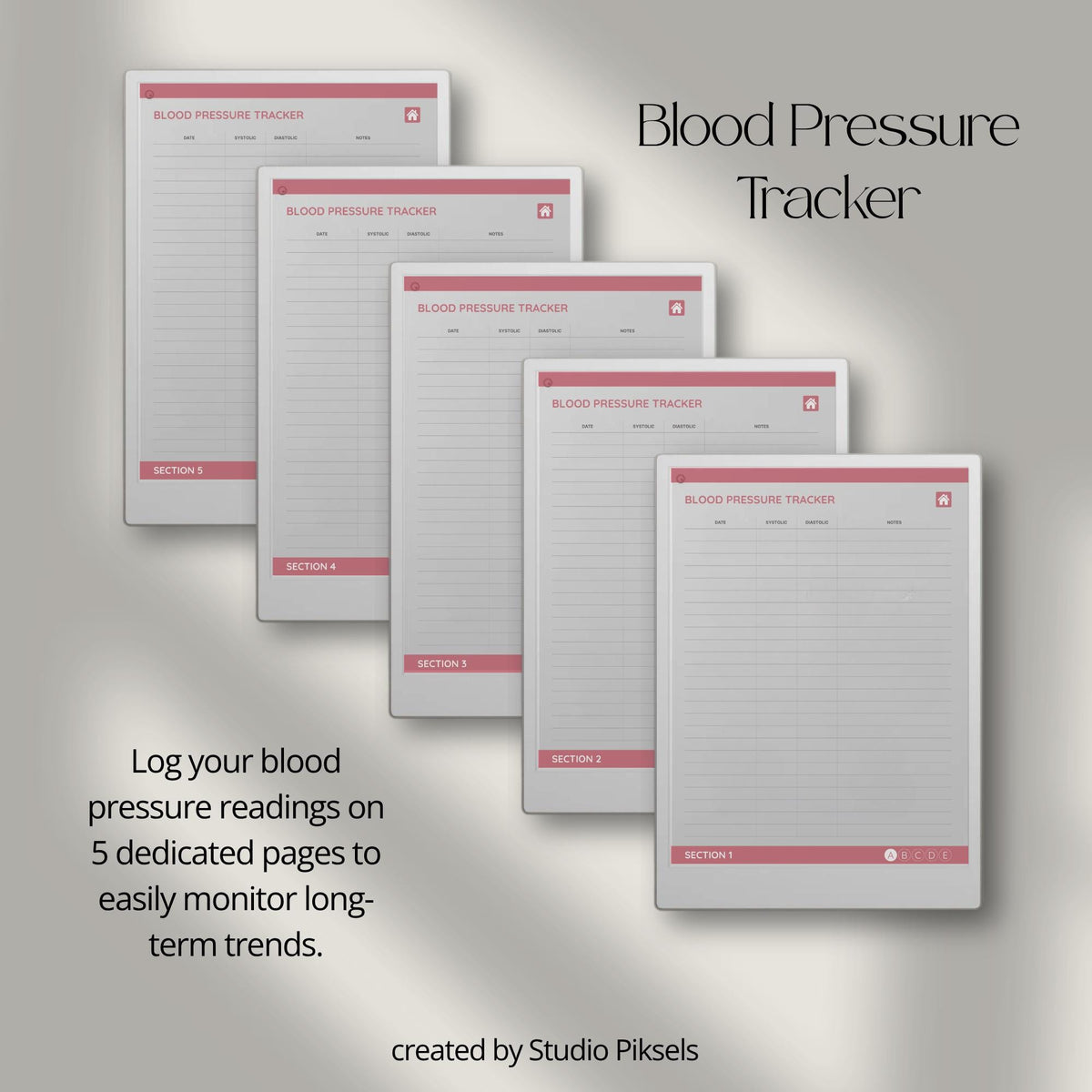 Health Tracker for reMarkable Paper Pro featuring blue, red, green, and mustard color themes with hyperlinked sleep, hydration, blood pressure, blood sugar, mood, symptom, medication, and period tracking pages.