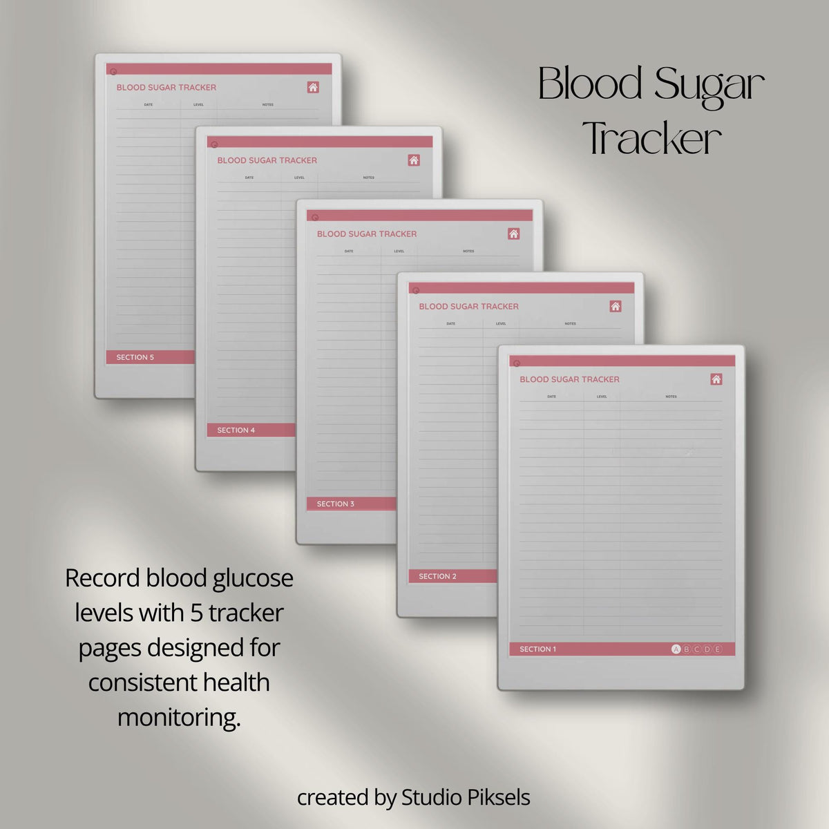 Health Tracker for reMarkable Paper Pro featuring blue, red, green, and mustard color themes with hyperlinked sleep, hydration, blood pressure, blood sugar, mood, symptom, medication, and period tracking pages.