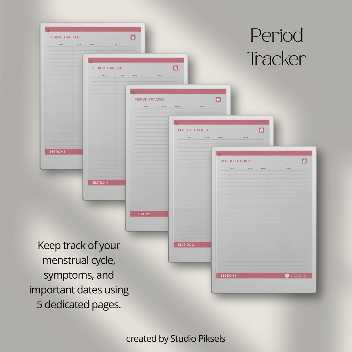 Health Tracker for reMarkable Paper Pro featuring blue, red, green, and mustard color themes with hyperlinked sleep, hydration, blood pressure, blood sugar, mood, symptom, medication, and period tracking pages.