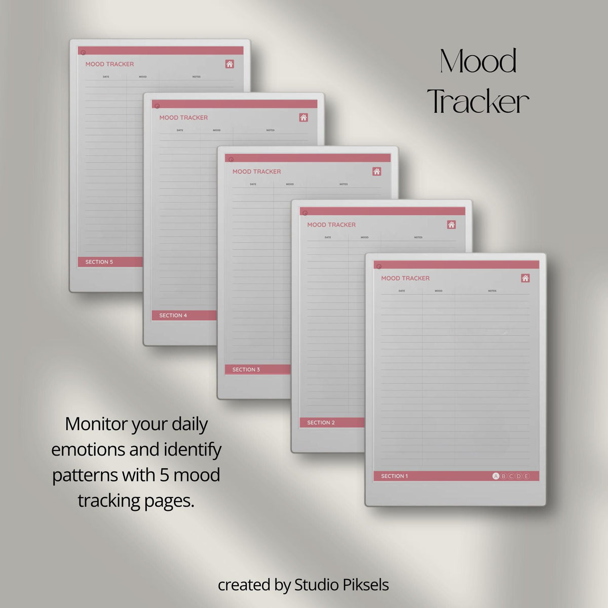 Health Tracker for reMarkable Paper Pro featuring blue, red, green, and mustard color themes with hyperlinked sleep, hydration, blood pressure, blood sugar, mood, symptom, medication, and period tracking pages.