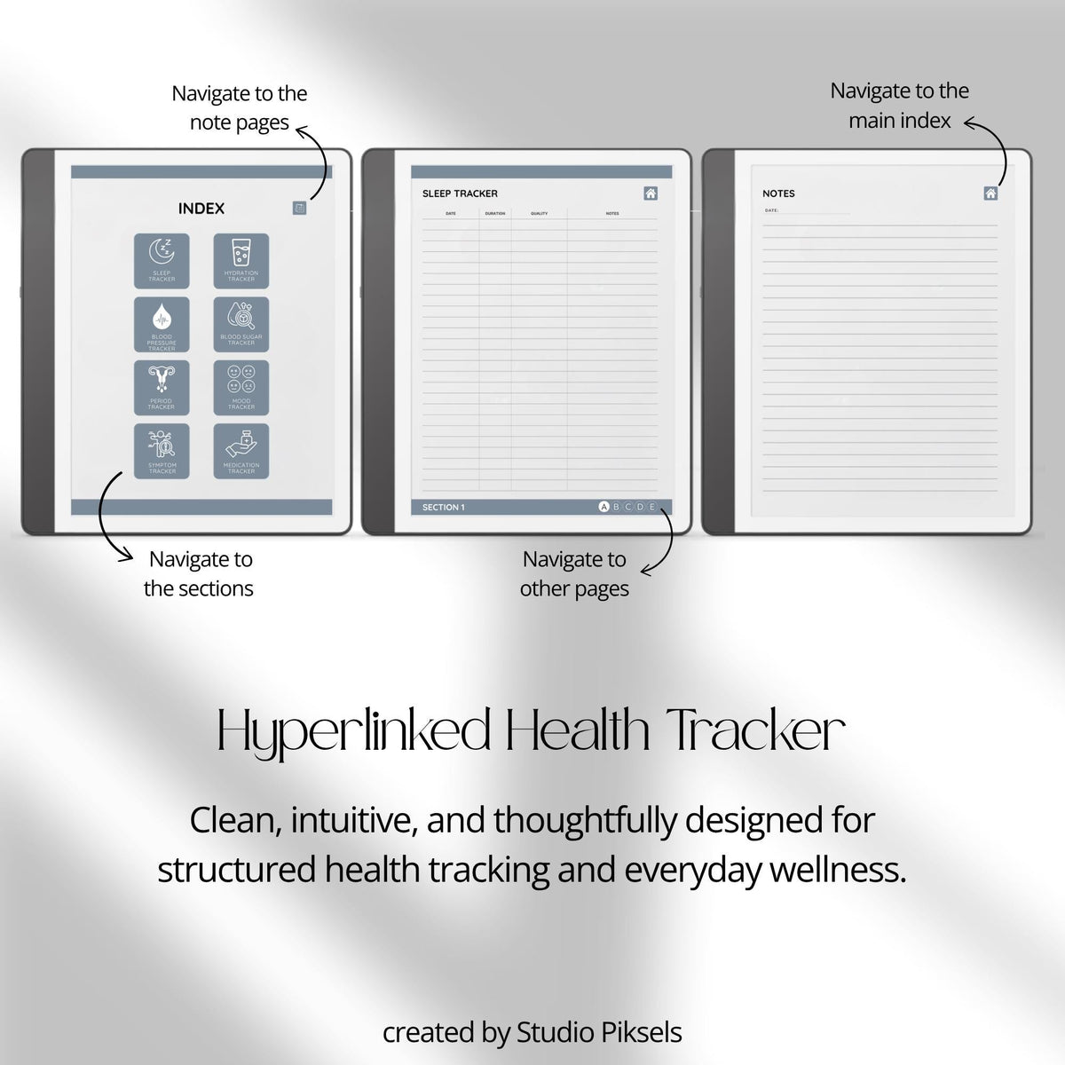 Health Tracker for Kindle Scribe featuring a slate gray monochrome design with hyperlinked sleep, hydration, blood pressure, blood sugar, mood, symptom, medication, and period tracking pages.