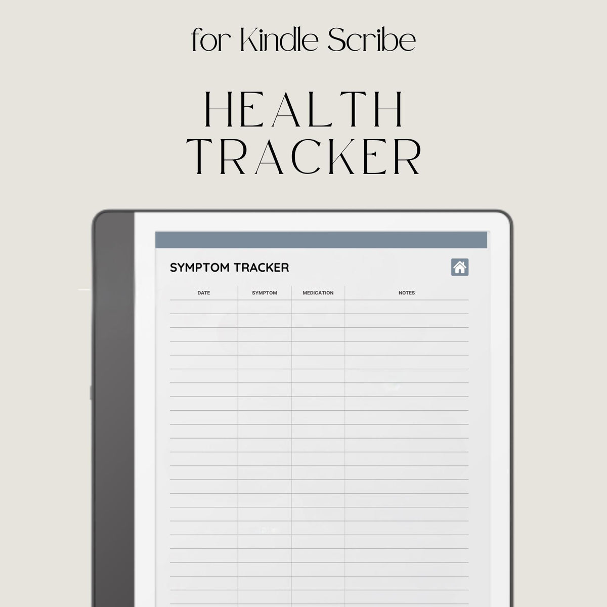 Health Tracker for Kindle Scribe featuring a slate gray monochrome design with hyperlinked sleep, hydration, blood pressure, blood sugar, mood, symptom, medication, and period tracking pages.