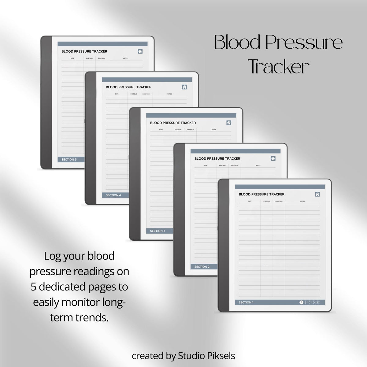 Health Tracker for Kindle Scribe featuring a slate gray monochrome design with hyperlinked sleep, hydration, blood pressure, blood sugar, mood, symptom, medication, and period tracking pages.