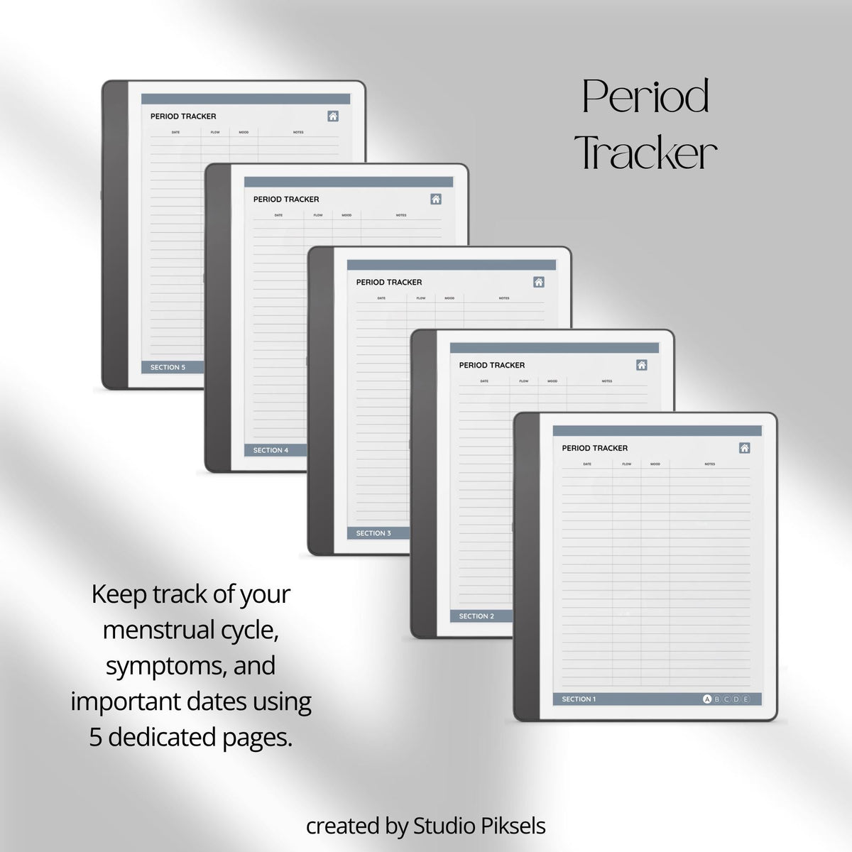 Health Tracker for Kindle Scribe featuring a slate gray monochrome design with hyperlinked sleep, hydration, blood pressure, blood sugar, mood, symptom, medication, and period tracking pages.