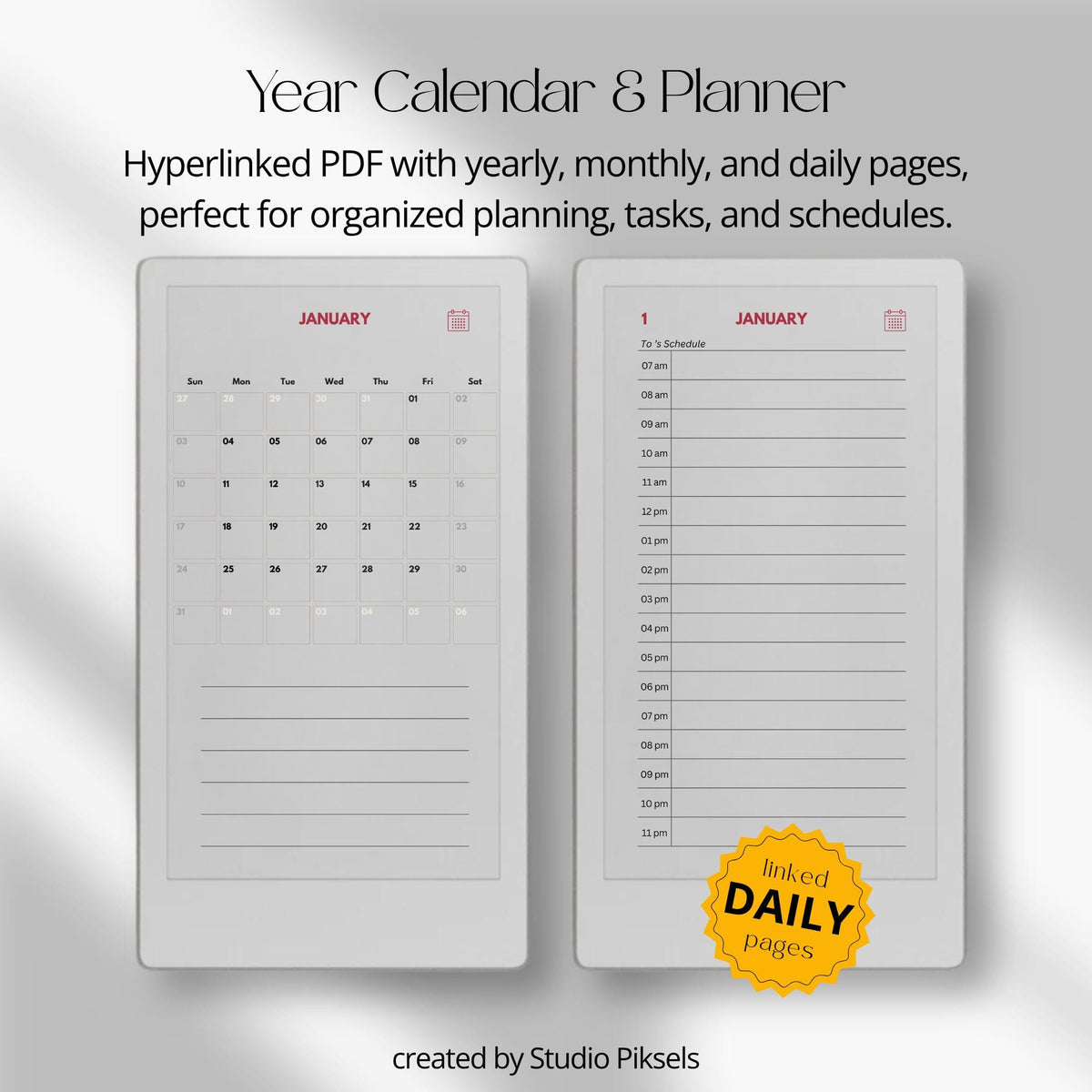 2-Year Hyperlinked Planner Bundle for reMarkable Paper Pro Move featuring 2026 and 2027 hyperlinked PDF planners with yearly overviews, monthly calendars, daily hourly planning pages, and seamless navigation on the color e-ink display.