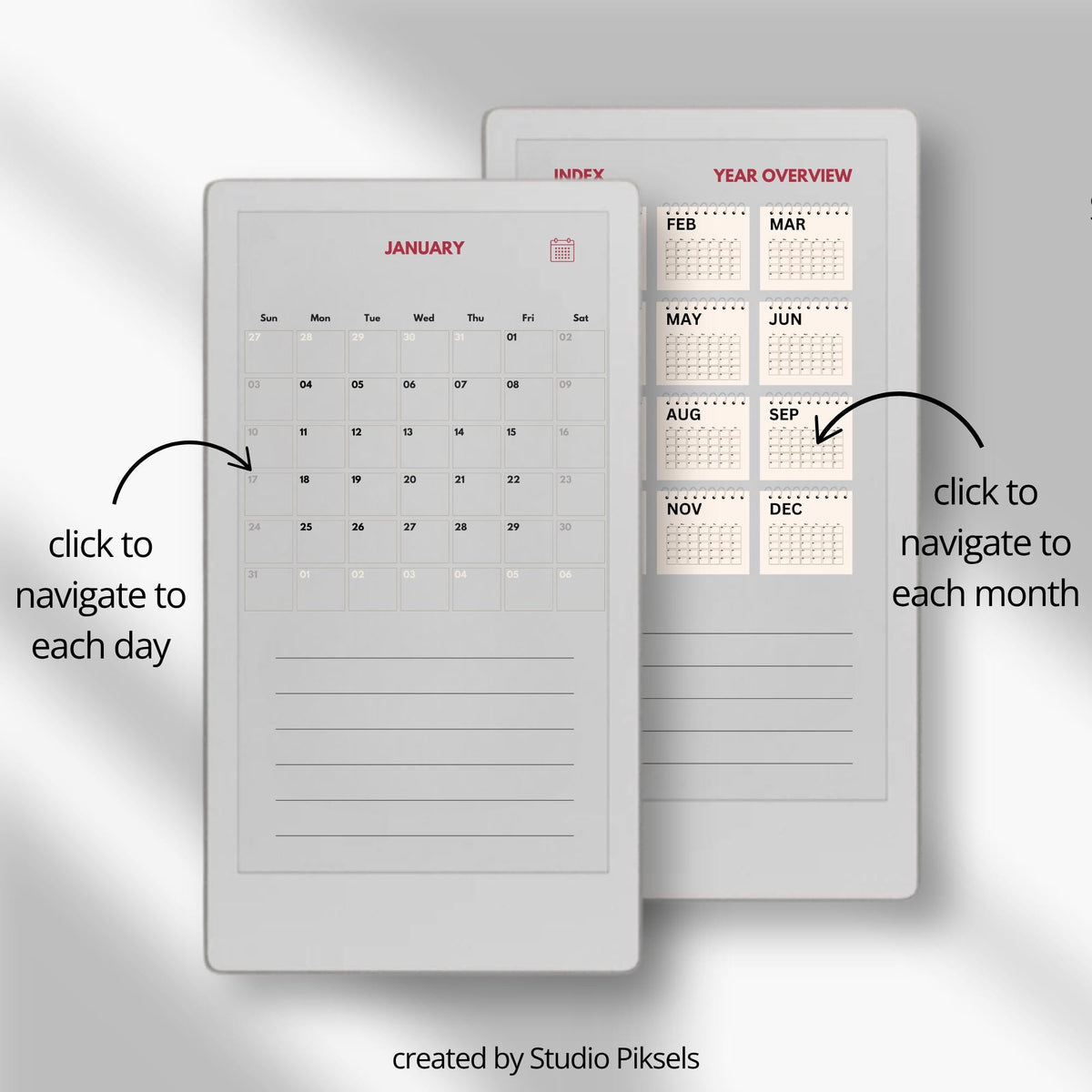 2-Year Hyperlinked Planner Bundle for reMarkable Paper Pro Move featuring 2026 and 2027 hyperlinked PDF planners with yearly overviews, monthly calendars, daily hourly planning pages, and seamless navigation on the color e-ink display.