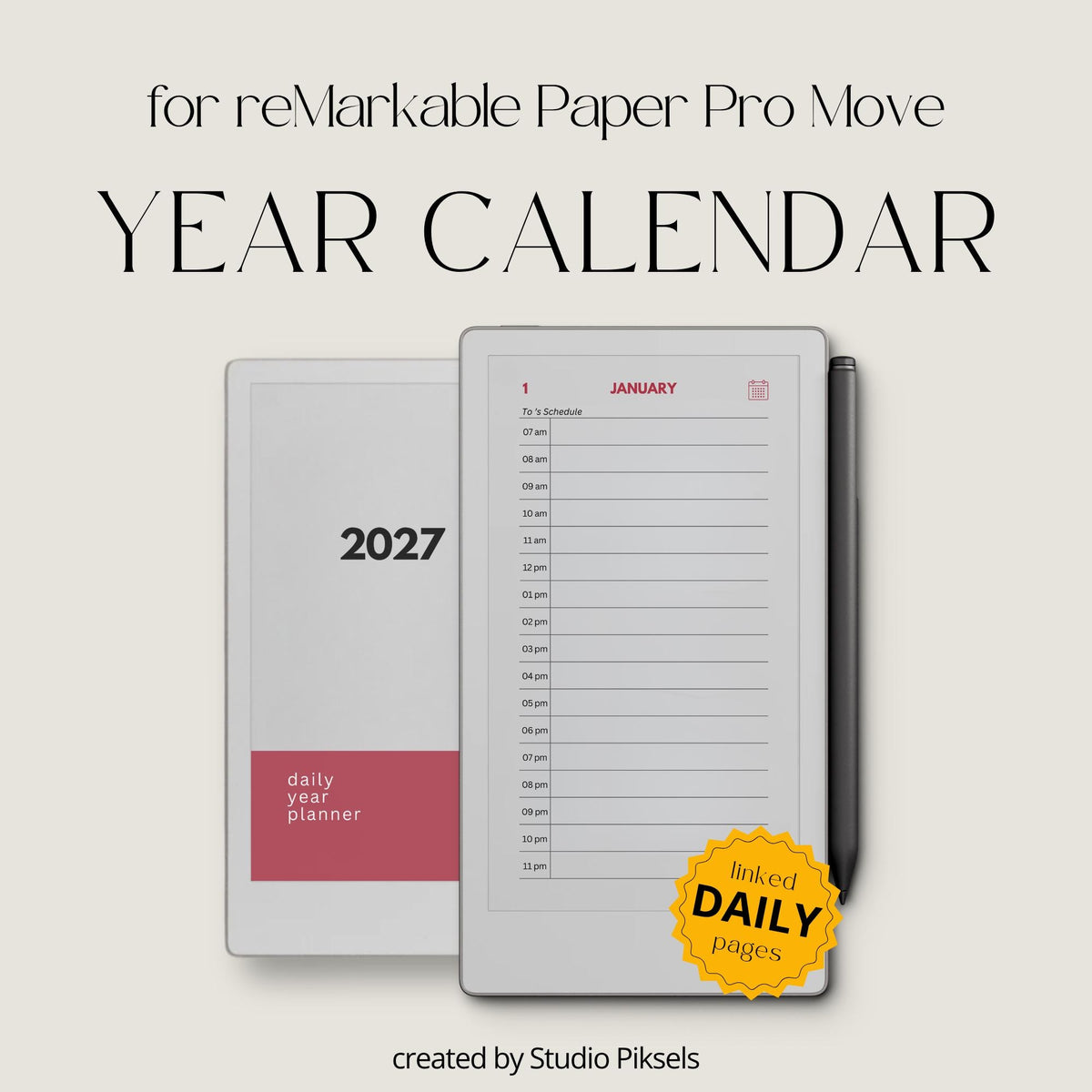 2-Year Hyperlinked Planner Bundle for reMarkable Paper Pro Move featuring 2026 and 2027 hyperlinked PDF planners with yearly overviews, monthly calendars, daily hourly planning pages, and seamless navigation on the color e-ink display.