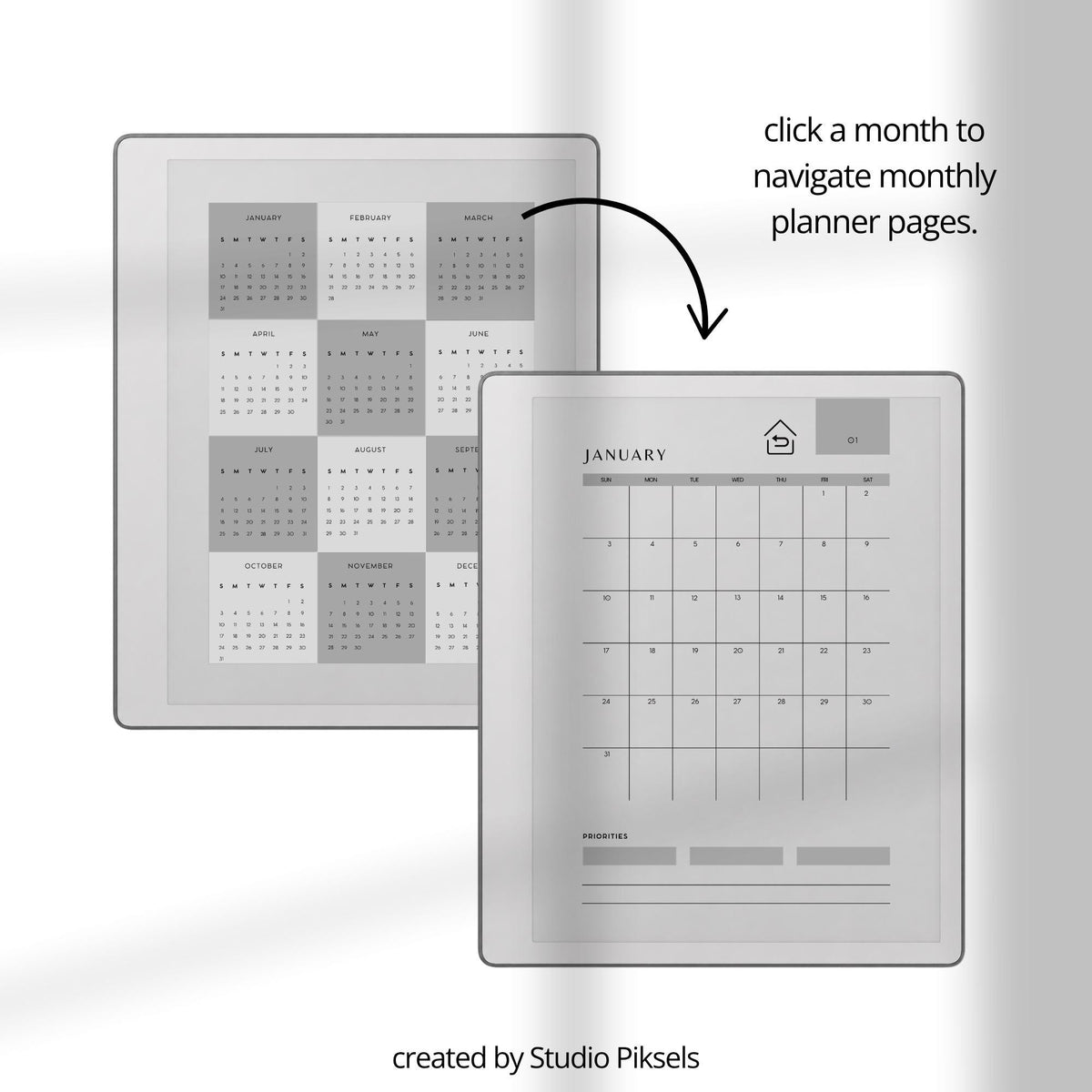 Stay organized throughout 2026 and 2027 with this hyperlinked monthly planner bundle for reMarkable Paper Pure. Also compatible with reMarkable 1 and reMarkable 2, this digital planner is designed for monthly planning, goal setting, habit tracking, and personal organization.