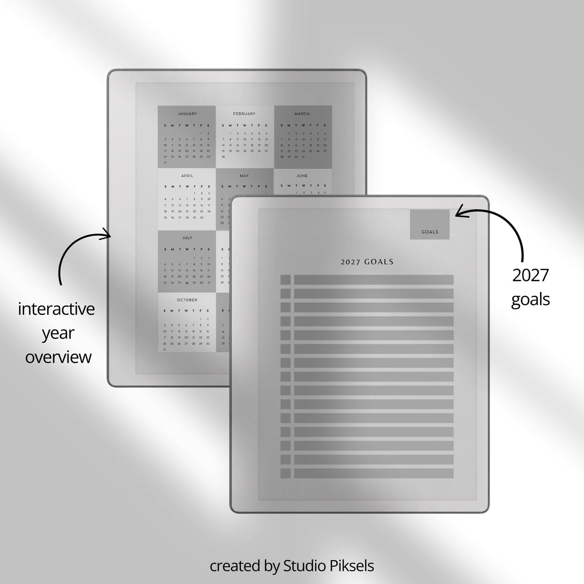 Stay organized throughout 2026 and 2027 with this hyperlinked monthly planner bundle for reMarkable Paper Pure. Also compatible with reMarkable 1 and reMarkable 2, this digital planner is designed for monthly planning, goal setting, habit tracking, and personal organization.