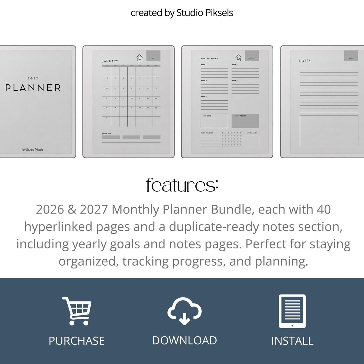 Stay organized throughout 2026 and 2027 with this hyperlinked monthly planner bundle for reMarkable Paper Pure. Also compatible with reMarkable 1 and reMarkable 2, this digital planner is designed for monthly planning, goal setting, habit tracking, and personal organization.