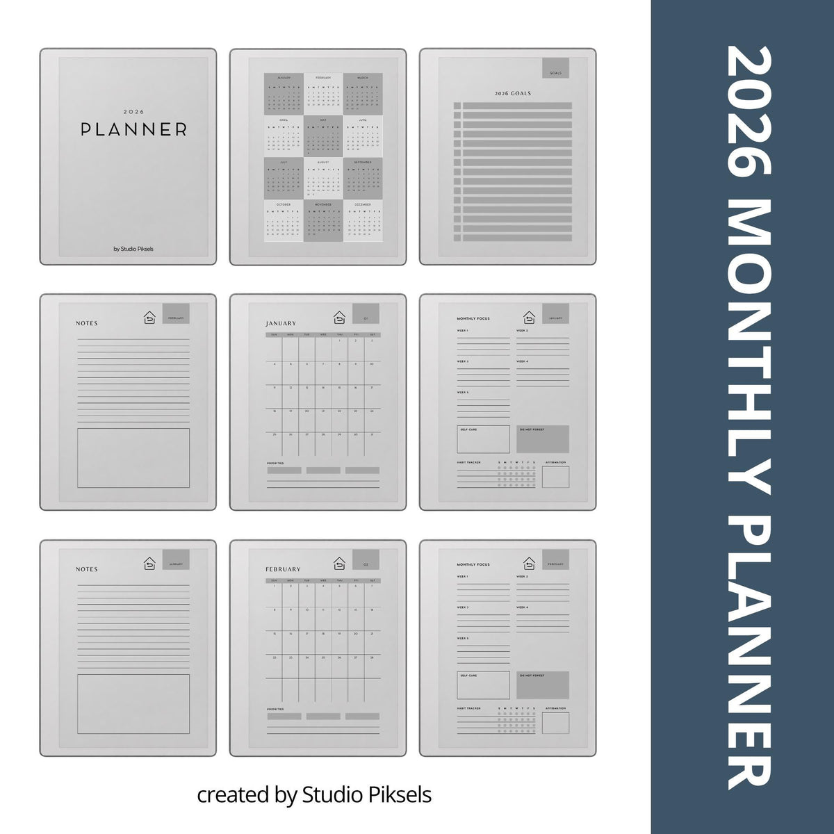 Stay organized throughout 2026 and 2027 with this hyperlinked monthly planner bundle for reMarkable Paper Pure. Also compatible with reMarkable 1 and reMarkable 2, this digital planner is designed for monthly planning, goal setting, habit tracking, and personal organization.