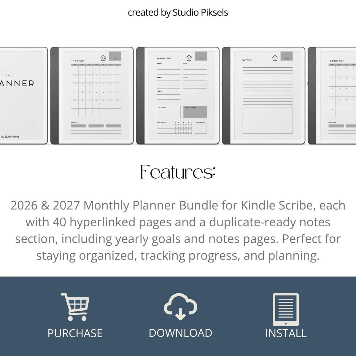 Stay organized throughout 2026 and 2027 with this hyperlinked monthly planner bundle for Kindle Scribe. Designed for monthly planning, goal setting, habit tracking, and personal organization, this digital planner helps keep schedules, priorities, habits, and notes structured in one easy-to-use system.