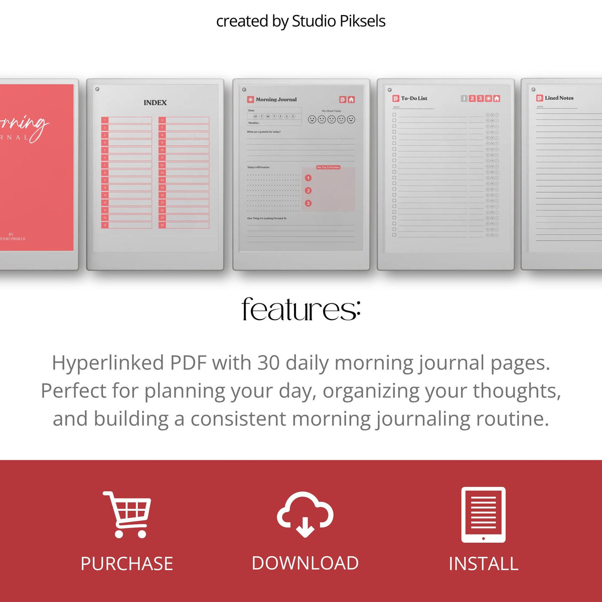 30-Day Morning Journal for reMarkable Paper Pro featuring 30 daily morning journal pages, to-do list, lined notes, blank notes, and hyperlinked navigation.