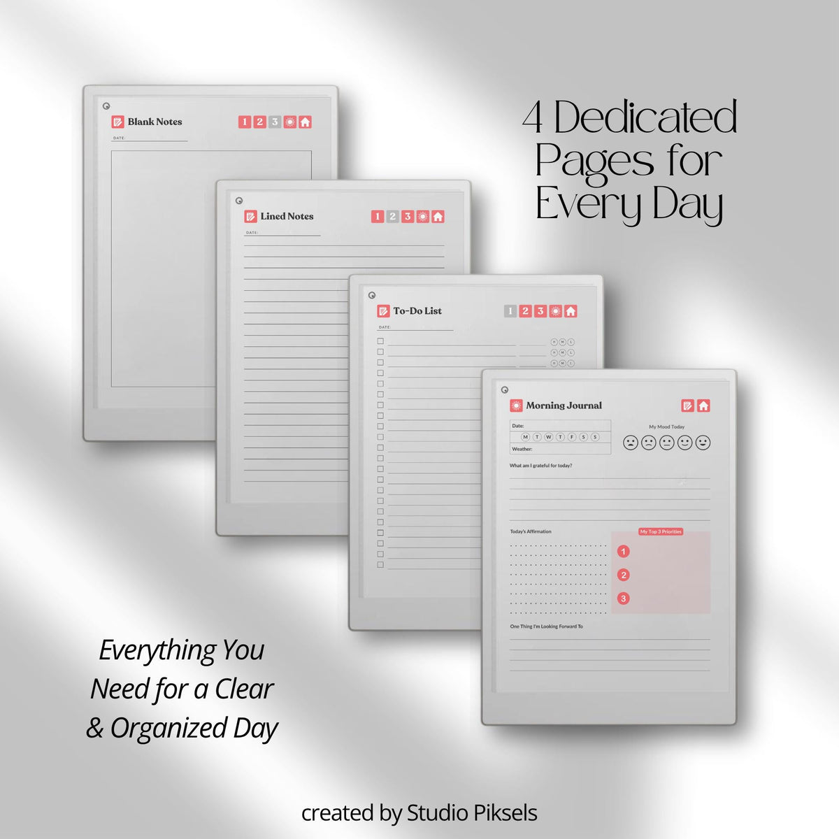 30-Day Morning Journal for reMarkable Paper Pro featuring 30 daily morning journal pages, to-do list, lined notes, blank notes, and hyperlinked navigation.
