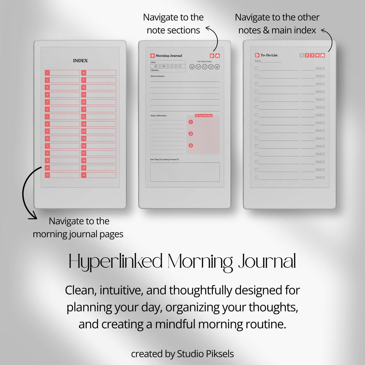 30-Day Morning Journal for reMarkable Paper Pro featuring 30 daily morning journal pages, to-do list, lined notes, blank notes, and hyperlinked navigation.