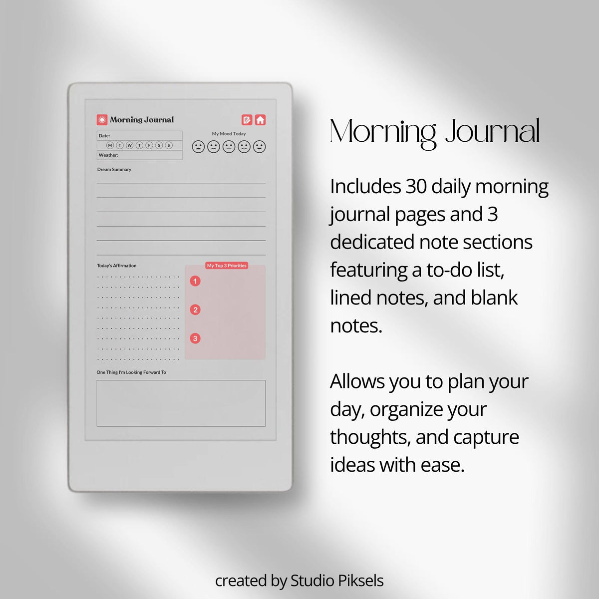 30-Day Morning Journal for reMarkable Paper Pro featuring 30 daily morning journal pages, to-do list, lined notes, blank notes, and hyperlinked navigation.