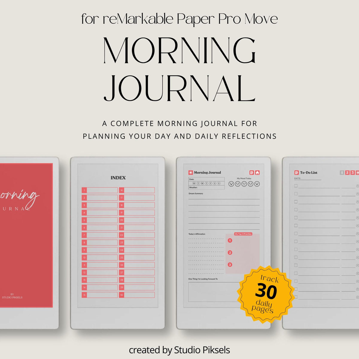 30-Day Morning Journal for reMarkable Paper Pro featuring 30 daily morning journal pages, to-do list, lined notes, blank notes, and hyperlinked navigation.