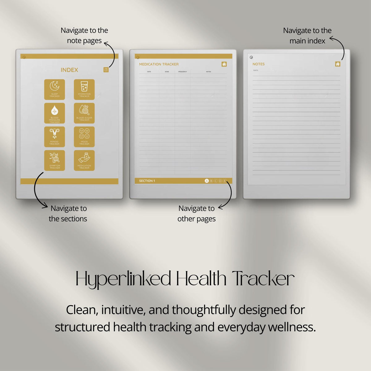 Health Tracker for reMarkable Paper Pro featuring blue, red, green, and mustard color themes with hyperlinked sleep, hydration, blood pressure, blood sugar, mood, symptom, medication, and period tracking pages.
