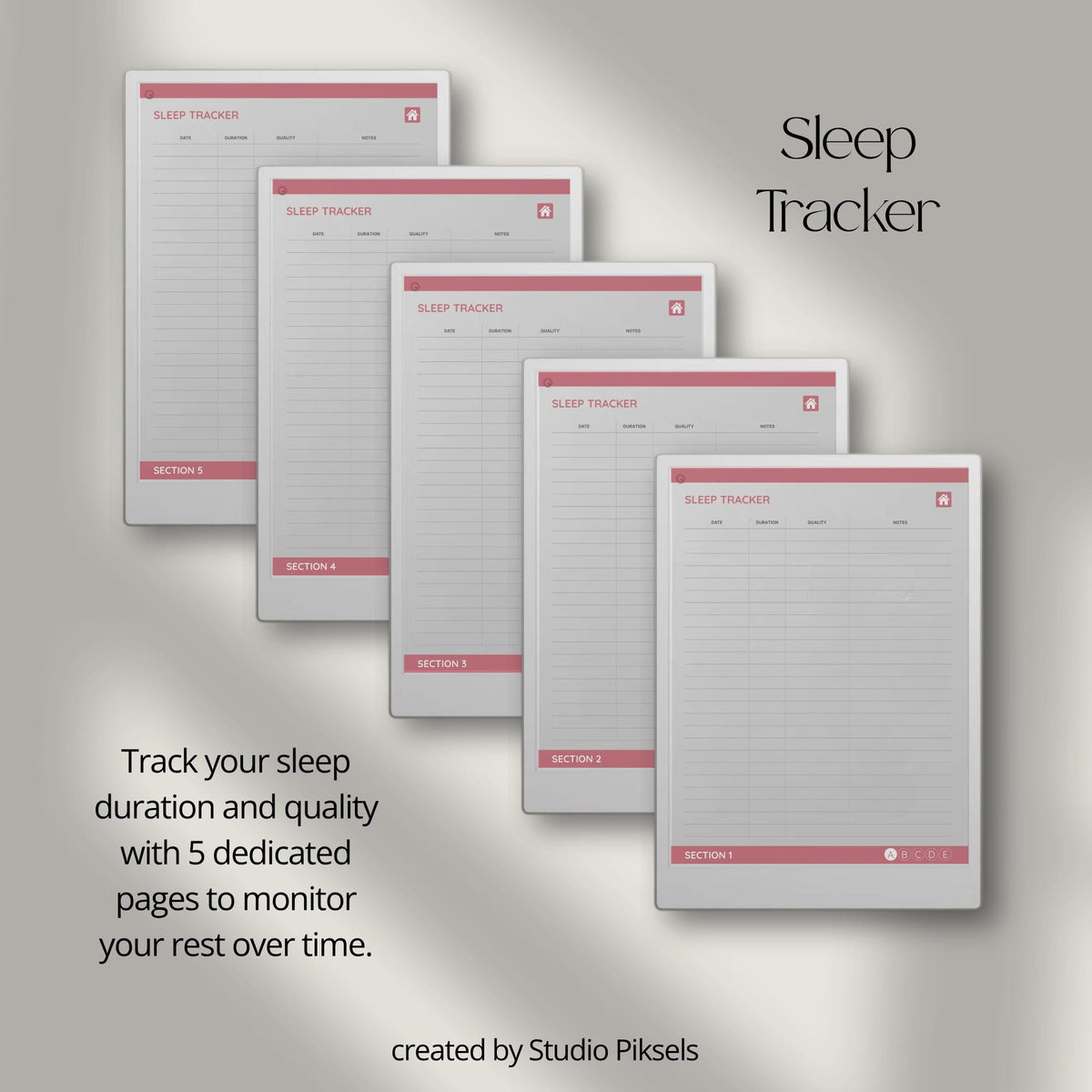 Health Tracker for reMarkable Paper Pro featuring blue, red, green, and mustard color themes with hyperlinked sleep, hydration, blood pressure, blood sugar, mood, symptom, medication, and period tracking pages.
