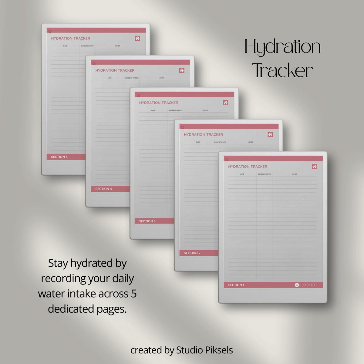 Health Tracker for reMarkable Paper Pro featuring blue, red, green, and mustard color themes with hyperlinked sleep, hydration, blood pressure, blood sugar, mood, symptom, medication, and period tracking pages.
