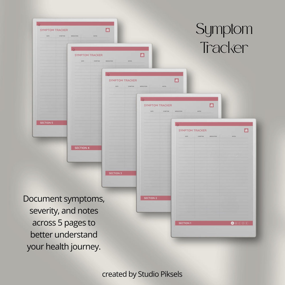 Health Tracker for reMarkable Paper Pro featuring blue, red, green, and mustard color themes with hyperlinked sleep, hydration, blood pressure, blood sugar, mood, symptom, medication, and period tracking pages.