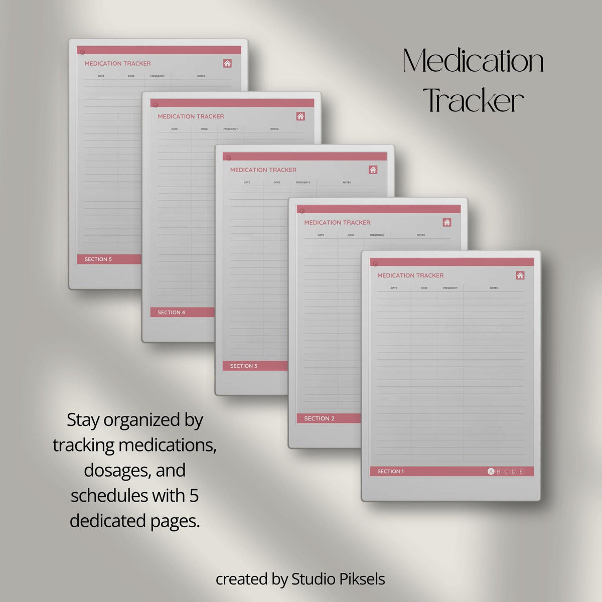 Health Tracker for reMarkable Paper Pro featuring blue, red, green, and mustard color themes with hyperlinked sleep, hydration, blood pressure, blood sugar, mood, symptom, medication, and period tracking pages.