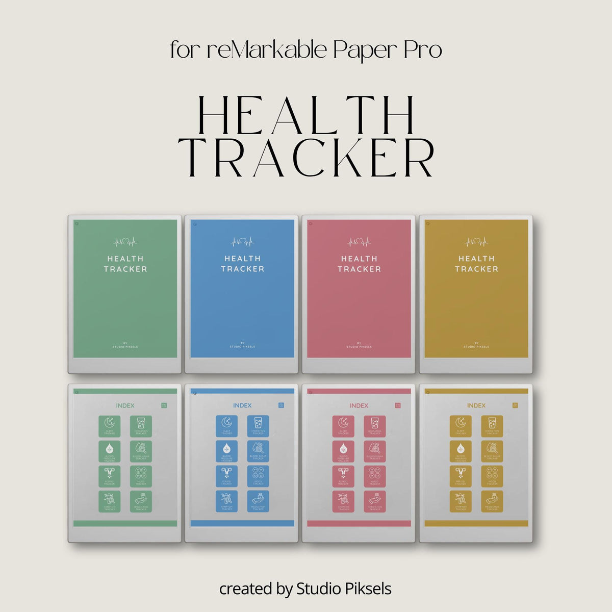 Health Tracker for reMarkable Paper Pro featuring blue, red, green, and mustard color themes with hyperlinked sleep, hydration, blood pressure, blood sugar, mood, symptom, medication, and period tracking pages.