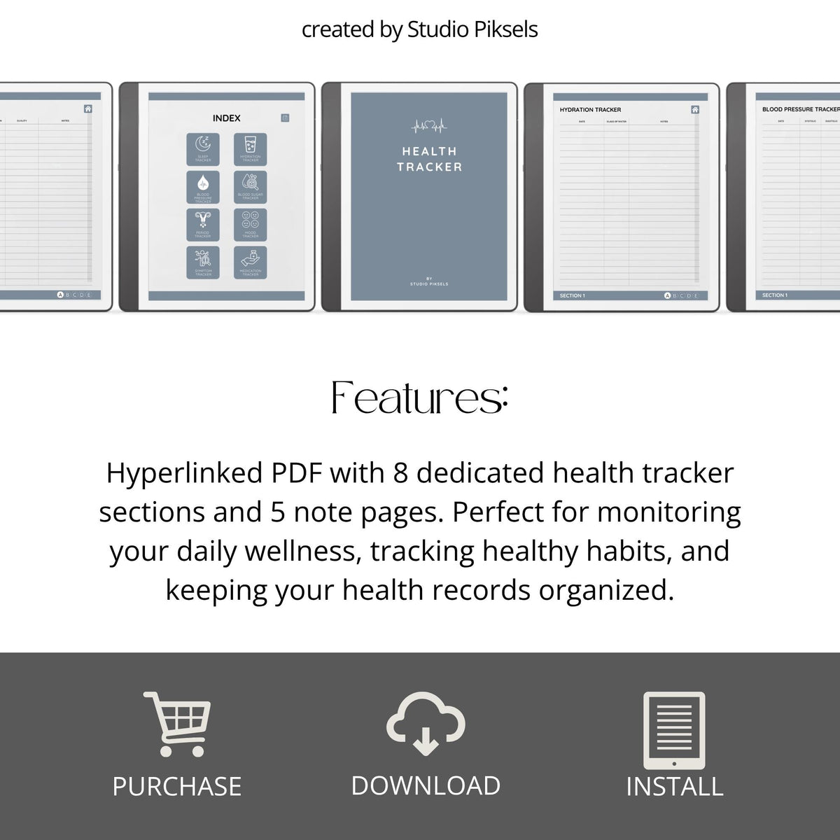 Health Tracker for Kindle Scribe featuring a slate gray monochrome design with hyperlinked sleep, hydration, blood pressure, blood sugar, mood, symptom, medication, and period tracking pages.