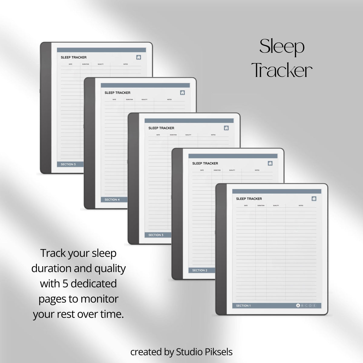 Health Tracker for Kindle Scribe featuring a slate gray monochrome design with hyperlinked sleep, hydration, blood pressure, blood sugar, mood, symptom, medication, and period tracking pages.