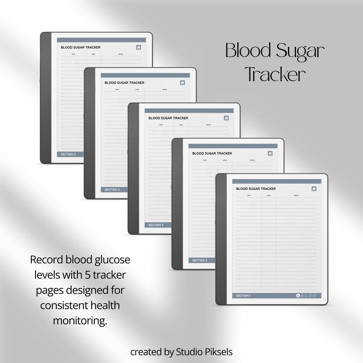 Health Tracker for Kindle Scribe featuring a slate gray monochrome design with hyperlinked sleep, hydration, blood pressure, blood sugar, mood, symptom, medication, and period tracking pages.