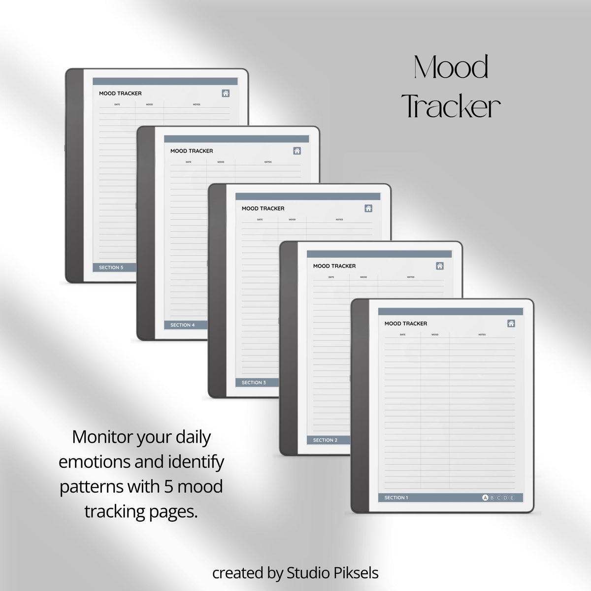 Health Tracker for Kindle Scribe featuring a slate gray monochrome design with hyperlinked sleep, hydration, blood pressure, blood sugar, mood, symptom, medication, and period tracking pages.