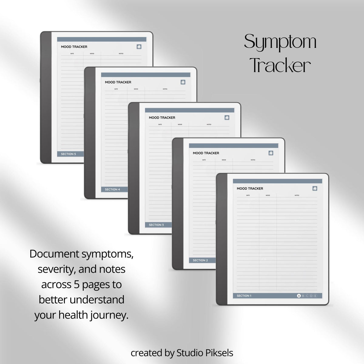 Health Tracker for Kindle Scribe featuring a slate gray monochrome design with hyperlinked sleep, hydration, blood pressure, blood sugar, mood, symptom, medication, and period tracking pages.