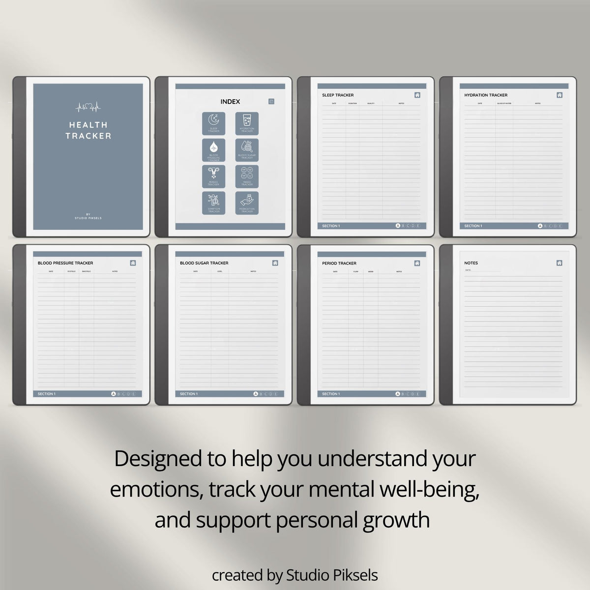 Health Tracker for Kindle Scribe featuring a slate gray monochrome design with hyperlinked sleep, hydration, blood pressure, blood sugar, mood, symptom, medication, and period tracking pages.