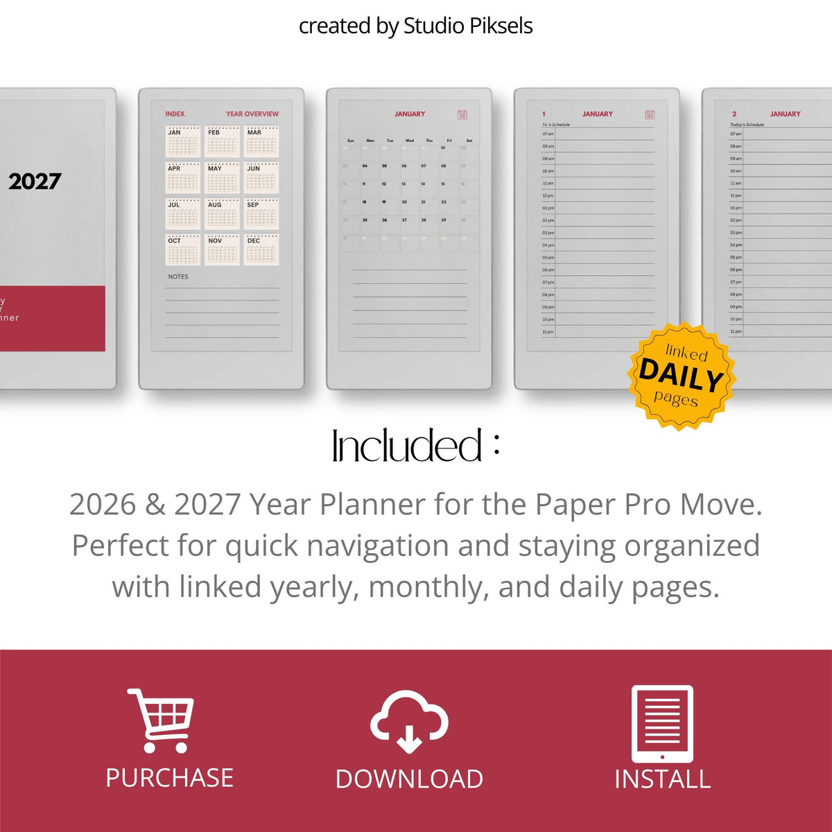 2-Year Hyperlinked Planner Bundle for reMarkable Paper Pro Move featuring 2026 and 2027 hyperlinked PDF planners with yearly overviews, monthly calendars, daily hourly planning pages, and seamless navigation on the color e-ink display.