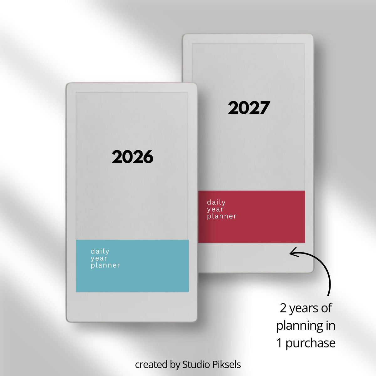 2-Year Hyperlinked Planner Bundle for reMarkable Paper Pro Move featuring 2026 and 2027 hyperlinked PDF planners with yearly overviews, monthly calendars, daily hourly planning pages, and seamless navigation on the color e-ink display.