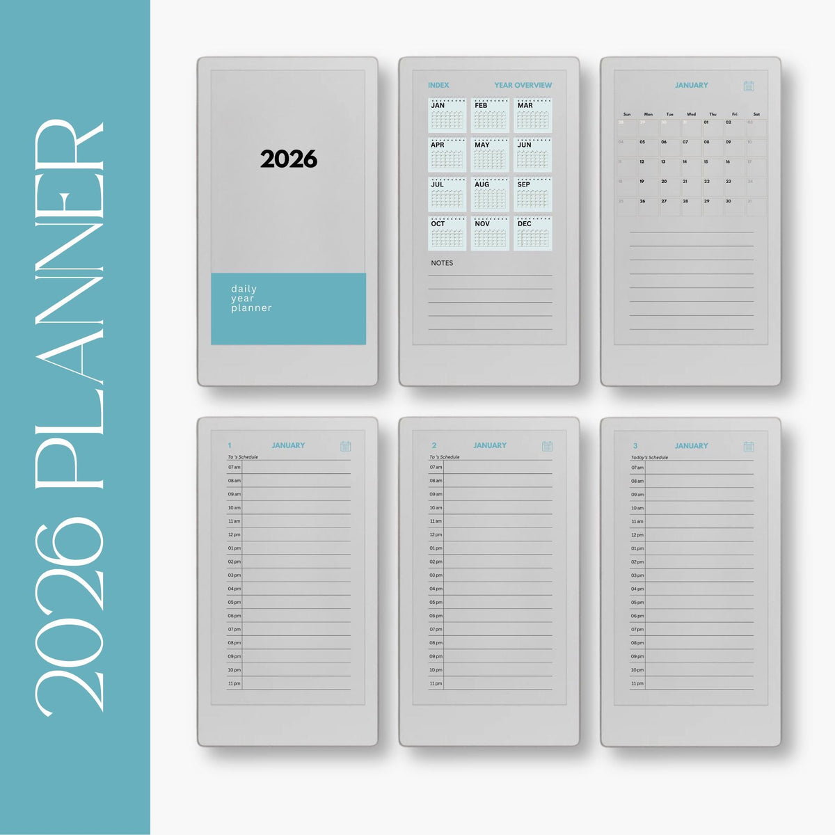 2-Year Hyperlinked Planner Bundle for reMarkable Paper Pro Move featuring 2026 and 2027 hyperlinked PDF planners with yearly overviews, monthly calendars, daily hourly planning pages, and seamless navigation on the color e-ink display.