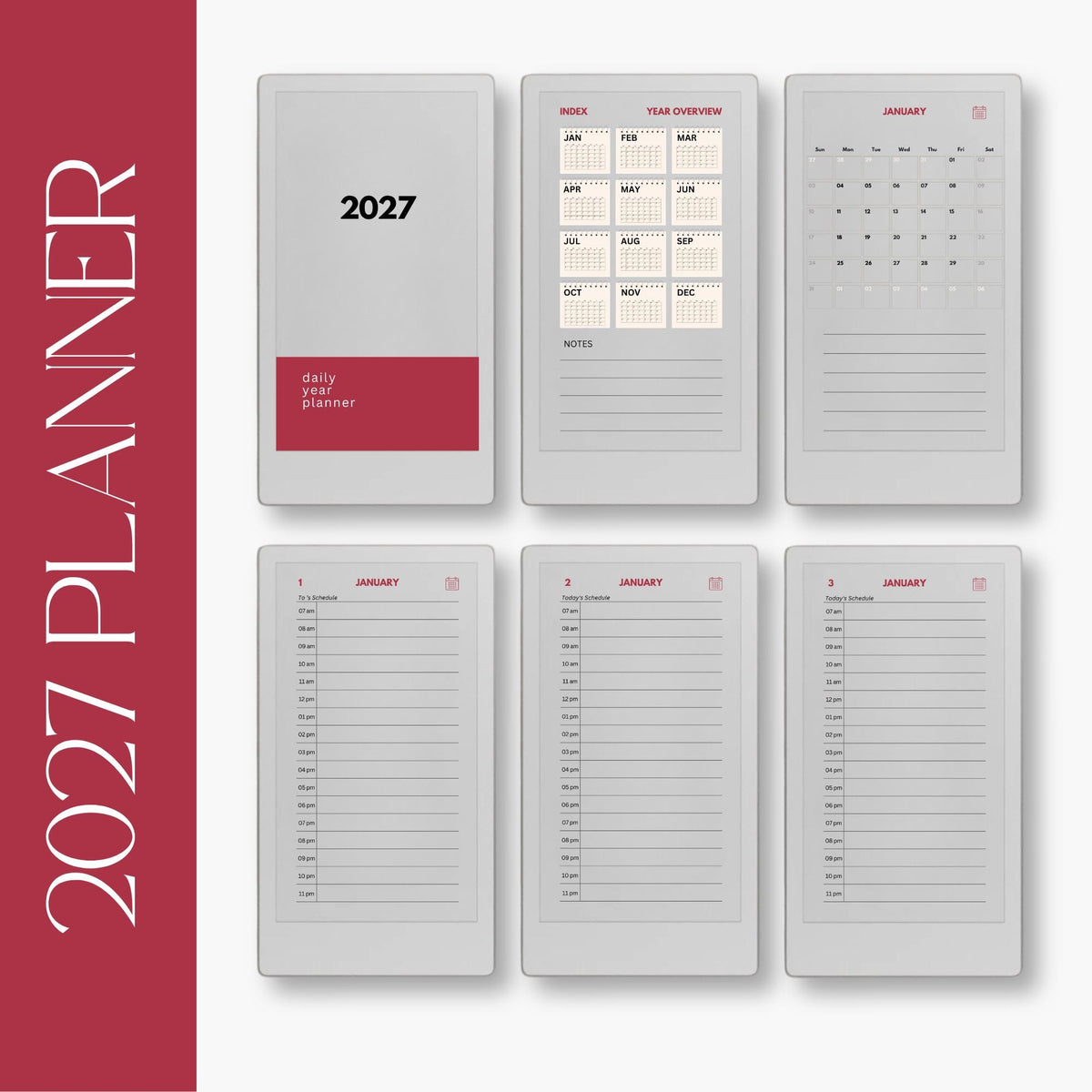 2-Year Hyperlinked Planner Bundle for reMarkable Paper Pro Move featuring 2026 and 2027 hyperlinked PDF planners with yearly overviews, monthly calendars, daily hourly planning pages, and seamless navigation on the color e-ink display.