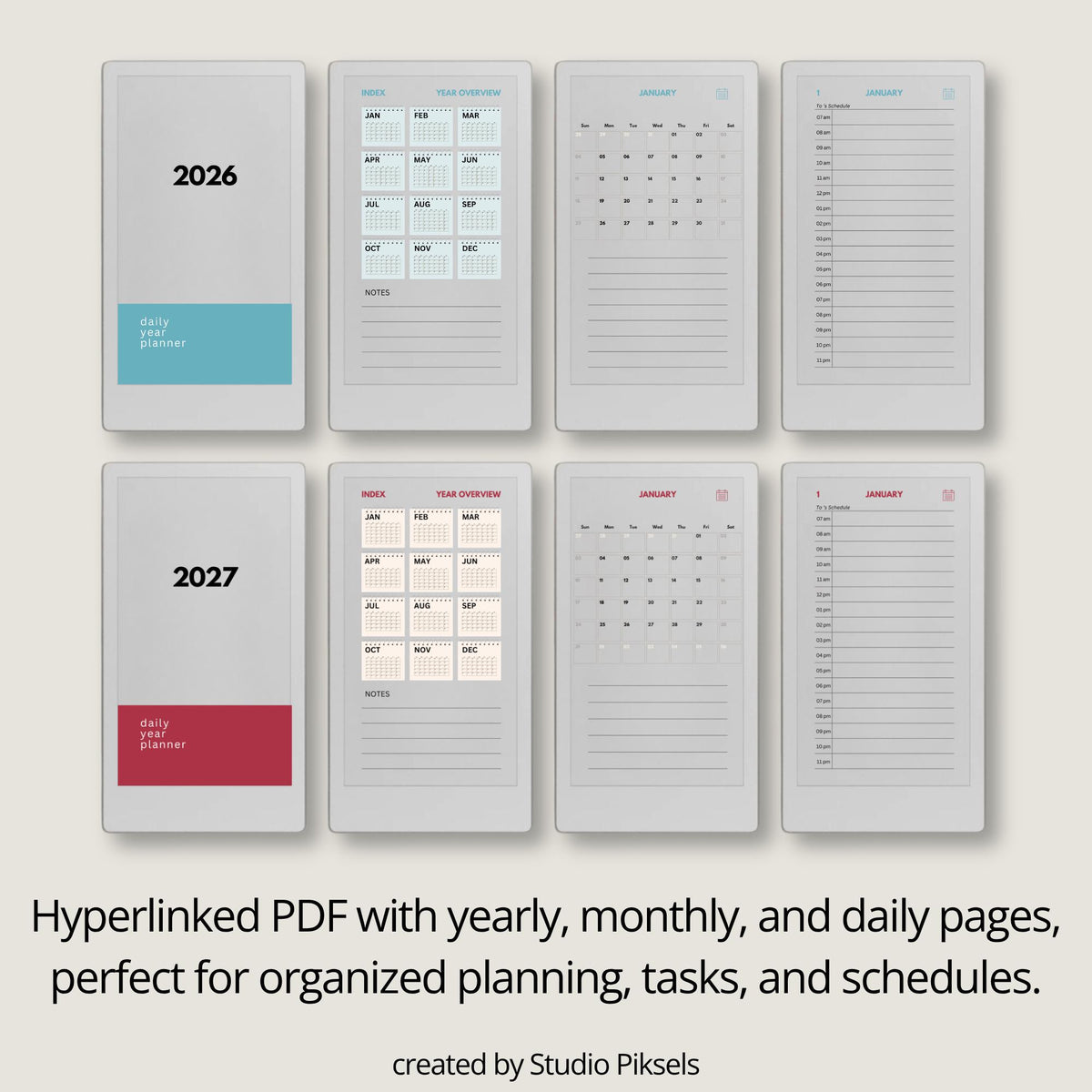 2-Year Hyperlinked Planner Bundle for reMarkable Paper Pro Move featuring 2026 and 2027 hyperlinked PDF planners with yearly overviews, monthly calendars, daily hourly planning pages, and seamless navigation on the color e-ink display.