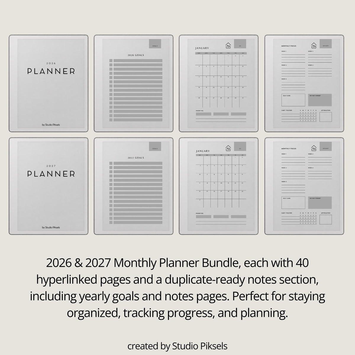 Stay organized throughout 2026 and 2027 with this hyperlinked monthly planner bundle for reMarkable Paper Pure. Also compatible with reMarkable 1 and reMarkable 2, this digital planner is designed for monthly planning, goal setting, habit tracking, and personal organization.