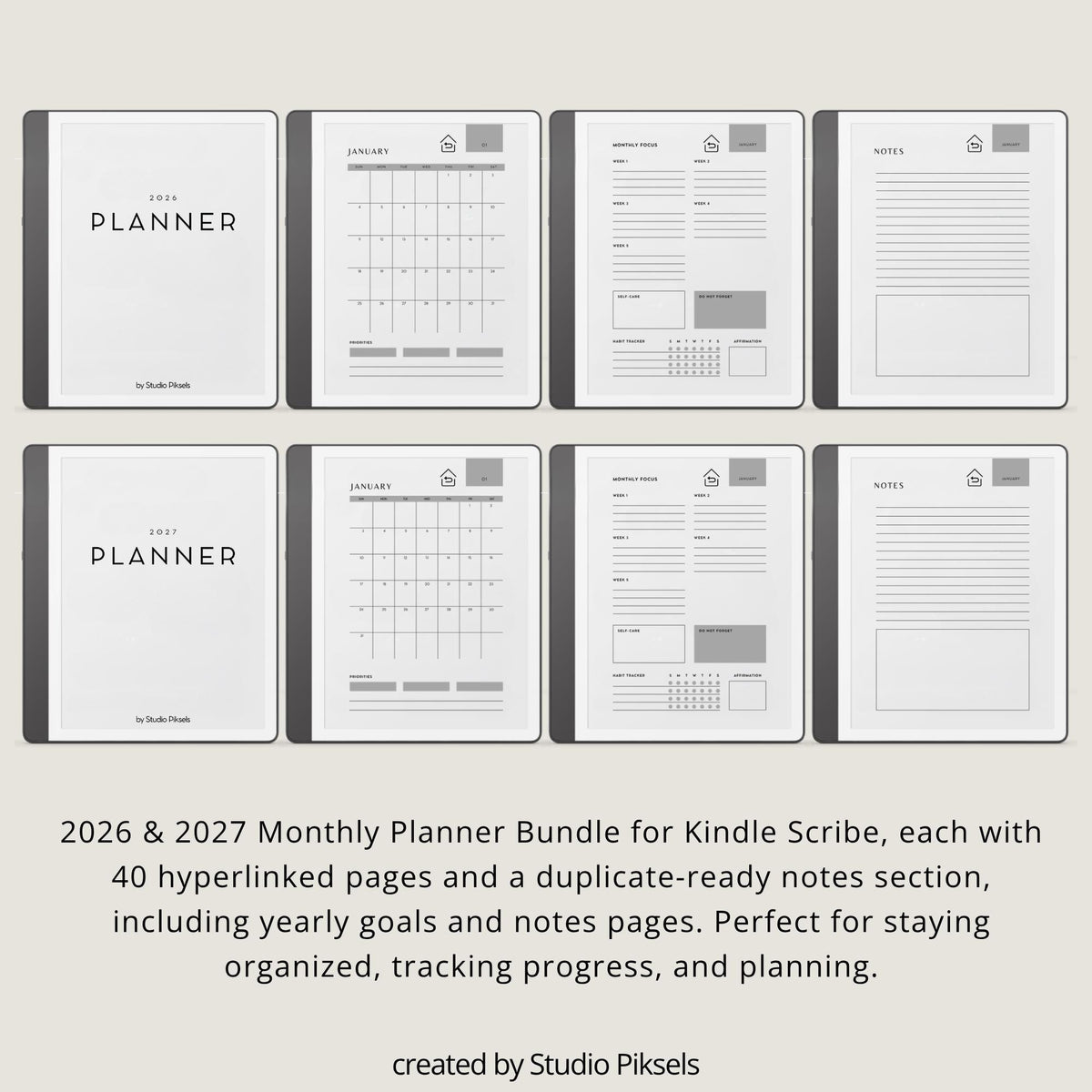 Stay organized throughout 2026 and 2027 with this hyperlinked monthly planner bundle for Kindle Scribe. Designed for monthly planning, goal setting, habit tracking, and personal organization, this digital planner helps keep schedules, priorities, habits, and notes structured in one easy-to-use system.