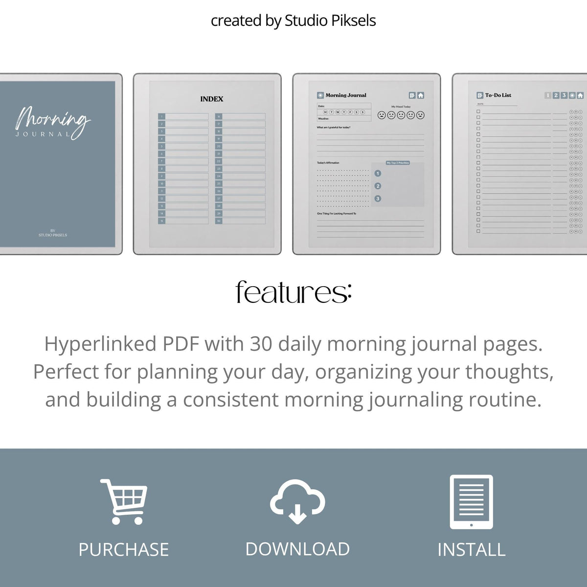 30-Day Morning Journal for reMarkable Paper Pure featuring 30 daily morning journal pages, to-do list, lined notes, blank notes, and gray monochrome hyperlinked navigation.