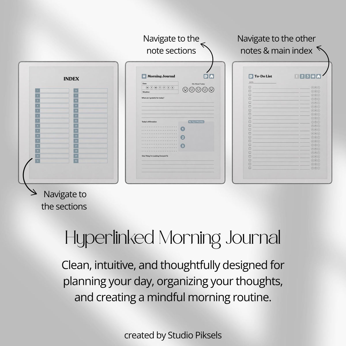30-Day Morning Journal for reMarkable Paper Pure featuring 30 daily morning journal pages, to-do list, lined notes, blank notes, and gray monochrome hyperlinked navigation.
