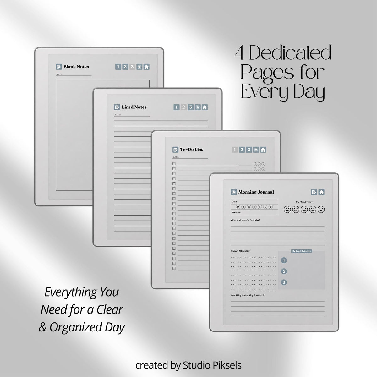 30-Day Morning Journal for reMarkable Paper Pure featuring 30 daily morning journal pages, to-do list, lined notes, blank notes, and gray monochrome hyperlinked navigation.