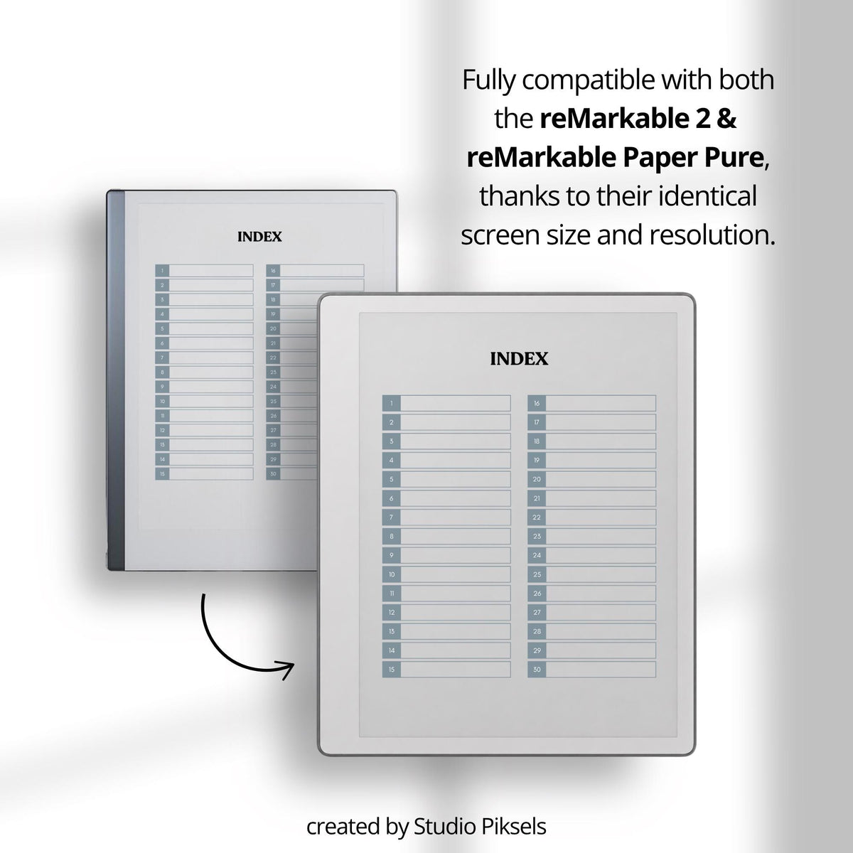 30-Day Morning Journal for reMarkable Paper Pure featuring 30 daily morning journal pages, to-do list, lined notes, blank notes, and gray monochrome hyperlinked navigation.