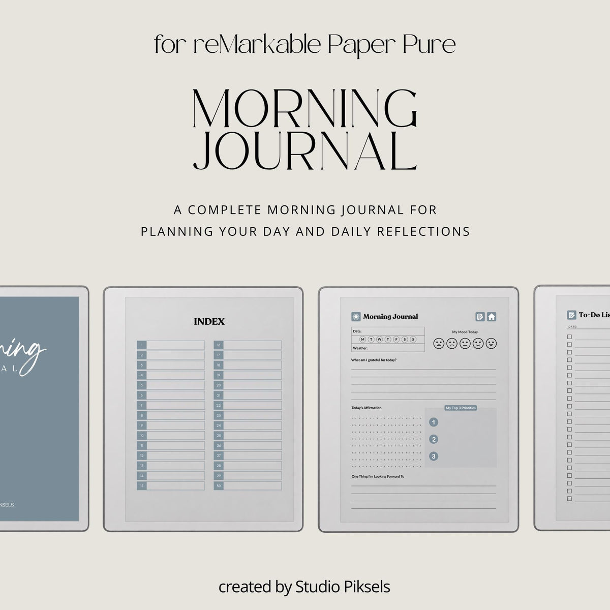 30-Day Morning Journal for reMarkable Paper Pure featuring 30 daily morning journal pages, to-do list, lined notes, blank notes, and gray monochrome hyperlinked navigation.