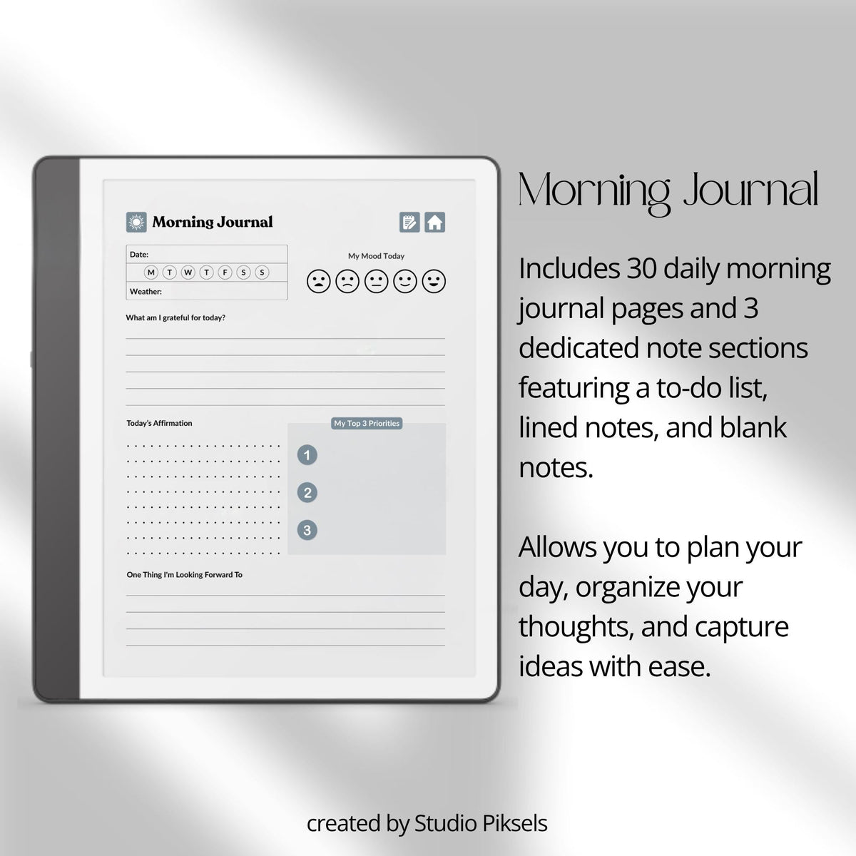 30-Day Morning Journal for Kindle Scribe featuring 30 daily morning journal pages, to-do list, lined notes, blank notes, and gray monochrome hyperlinked navigation.