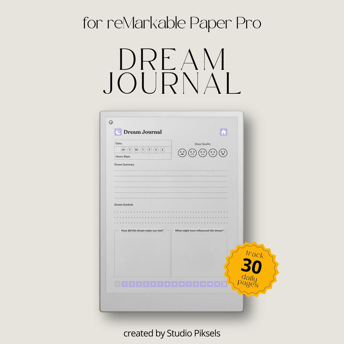 30-Day Dream Journal for reMarkable Paper Pro featuring 30 daily dream journal pages, dream reflection, recurring symbol tracking, and a hyperlinked PDF layout.