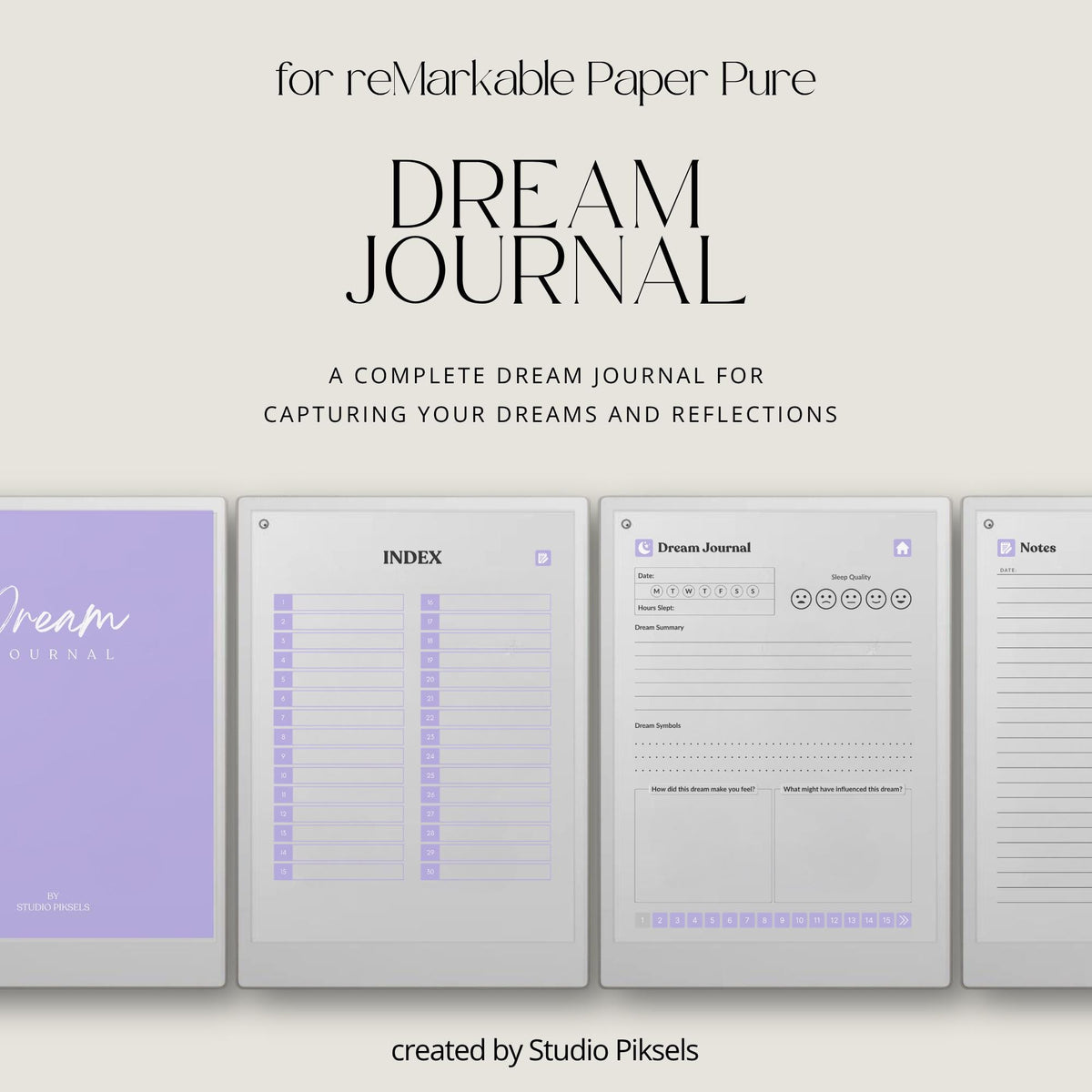30-Day Dream Journal for reMarkable Paper Pro featuring 30 daily dream journal pages, dream reflection, recurring symbol tracking, and a hyperlinked PDF layout.