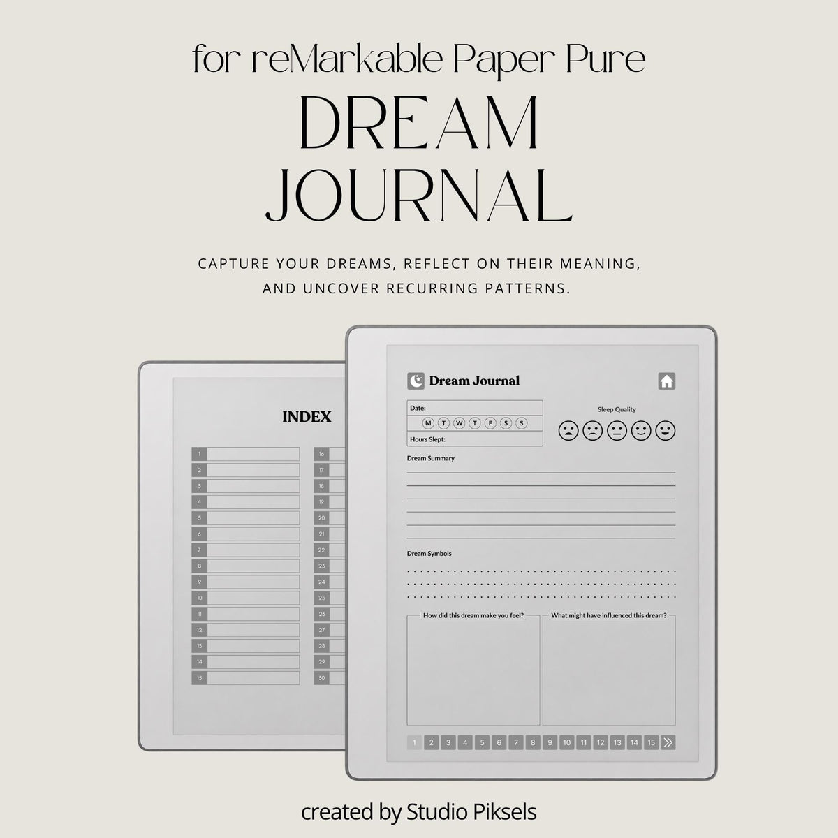 30-Day Dream Journal for reMarkable 2 & Paper Pure featuring 30 daily dream journal pages, dream reflection, recurring symbol tracking, and a hyperlinked PDF layout.